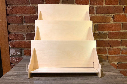 Three Level Card Display Rack With 12" Wide Birch Wood Shelves - Clubcard Printing Canada